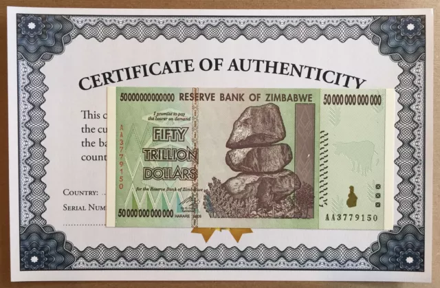 5X Zimbabwe 50 Trillion Dollars 2008 Aa Uv Passed Uncirculated Coa  Certificate