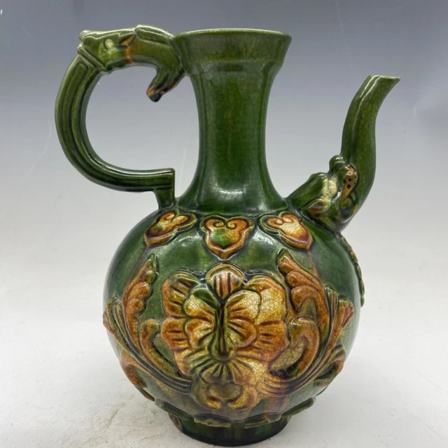 8.8" china old antique liao dynasty tricolor handled ewer
