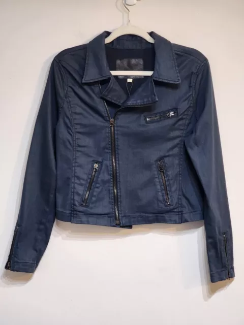 Adriano Goldschmied Coated Biker Jacket Dark Blue Denim Sz Large