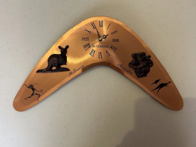 Matilda copper Arts, Boomerang shaped Clock  Souvenir from Melbourne Australia