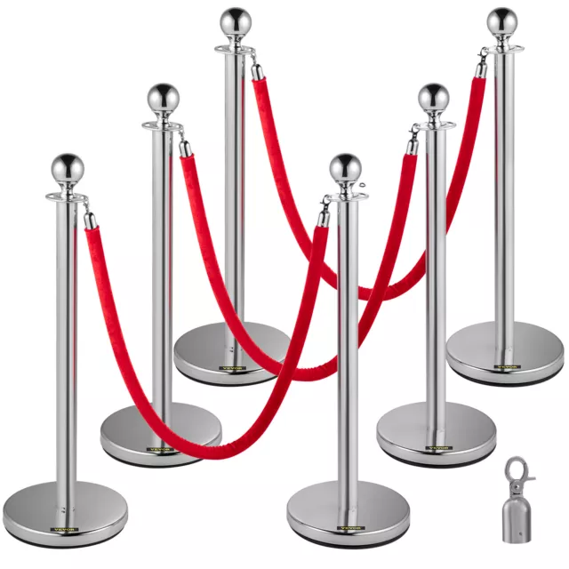 6 PCS Silver Stanchion Posts Queue Crowd Control Barrier with 3 Velvet Ropes