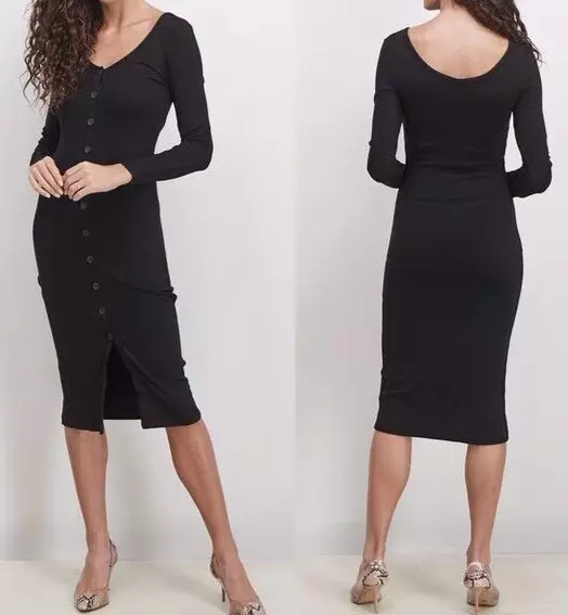 BB Dakota Button Front Trish Long Sleeve Midi Dress Small Black Stretchy $89