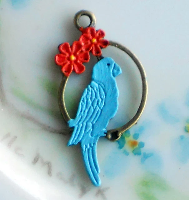 #1334J Brass Bird Charm Pendant Blue Leaf Connector Finding Antique Brass ox