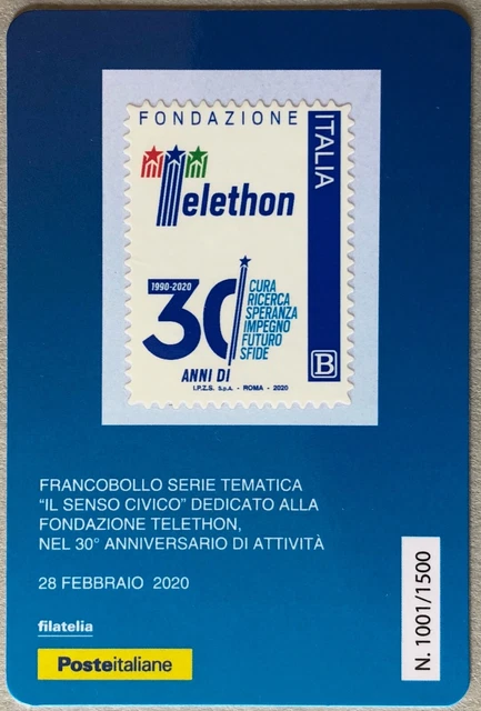ITALIA 2020 FONDAZIONE TELETHON TESSERA FILATELICA FRANCOBOLLO tiratura 1500