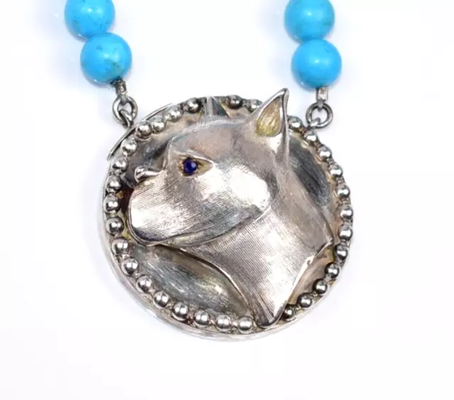 Solid Sterling! *Pit Bull* Blue Paste Eye! Turquoise Necklace! **74 Grams**