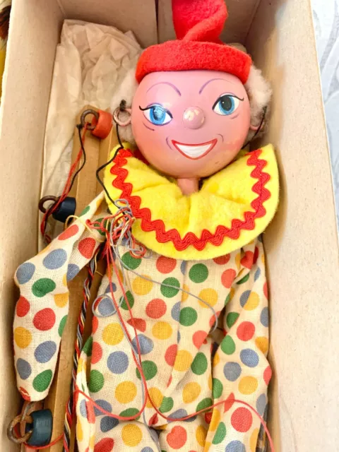 Vintage Pelham Composition Wood Clown Marionette Puppet in Original Box