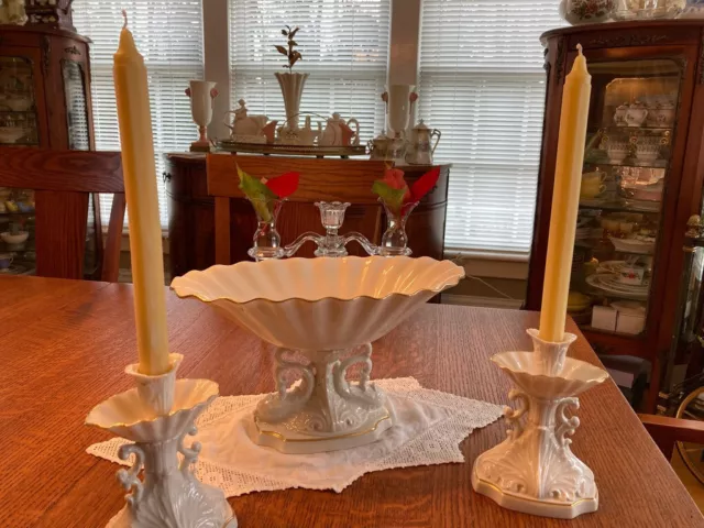 Vintage LENOX Aquarius Dolphin Centerpiece Pedestal Bowl/Candlesticks w/24K Gold