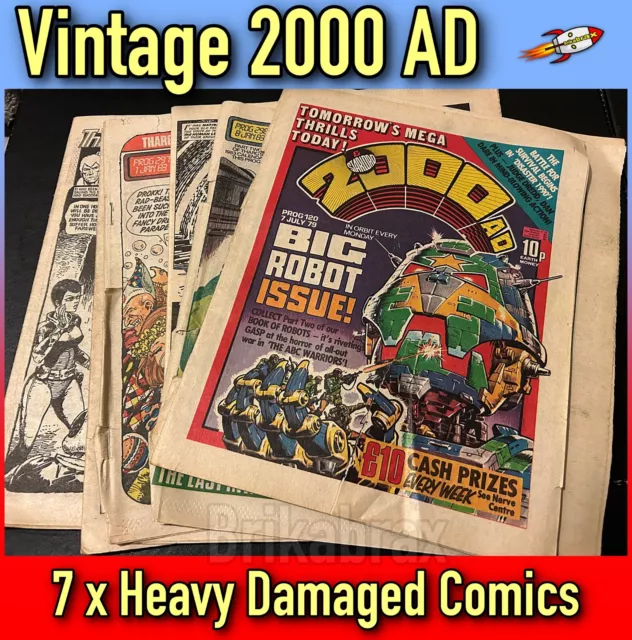 Bundle of 7 x Vintage 2000 AD Comics All With Heavy Rip Damaged +Missing Pages