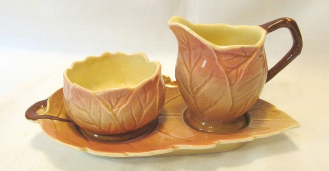 Royal Winton Grimwades Pink & Brown Relief Ware Creamer Sugar Bowl Tray 1940's