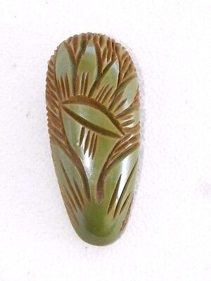 Vintage Bakelite Green Deep Carved Flower Alligator Clip Brooch Pin