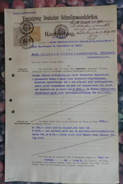Kaufvertrag Druckmaschine Wilhelm Schmitz Mönchengladbach 1910