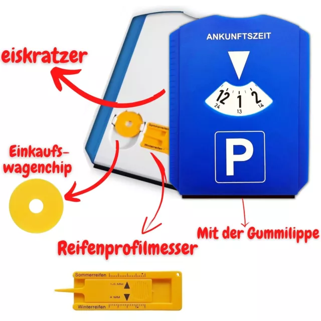 Parkscheibe mit Eiskratzer, Gummilippe, Einkaufswagenchip, Reifenprofilmesser 2