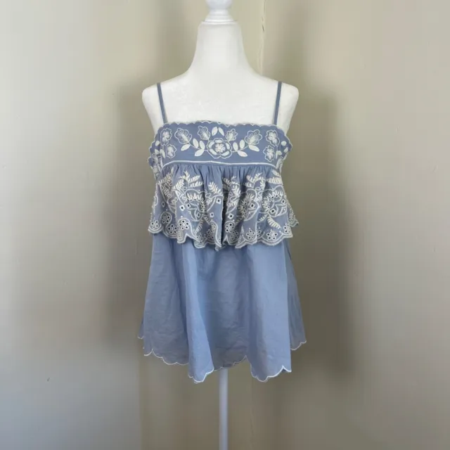 Love Sam Ruffle Cami Tank Eyelet Lace Embroidered S M Blue Cotton