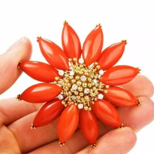 Estate White Diamond and Red Coral 18K Yellow Gold Over Poinsettia Brooch Pin