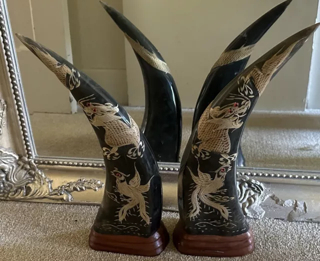 Exquisite Chinese Hand Carved Horn Ornaments with Dragon And Phoenix