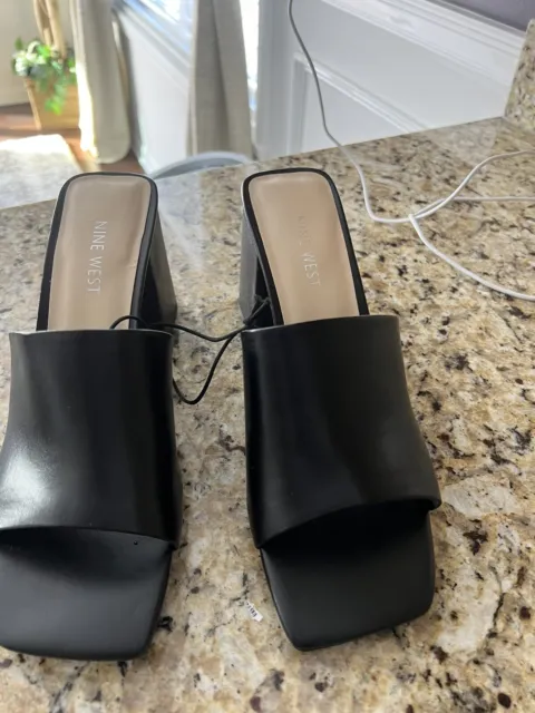 Nine West Women's Wylow Heeled Slide Sandals Black Leather Size:8.5