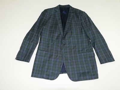 J. Hilburn Men's Sport Coat Size 44 Long Green Blue Check 100% Wool Jacket 44L