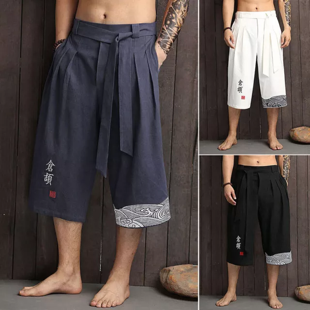 Mens Loose Trousers Capri Hakama Pants Japanese Traditional Kimono Crop Pants