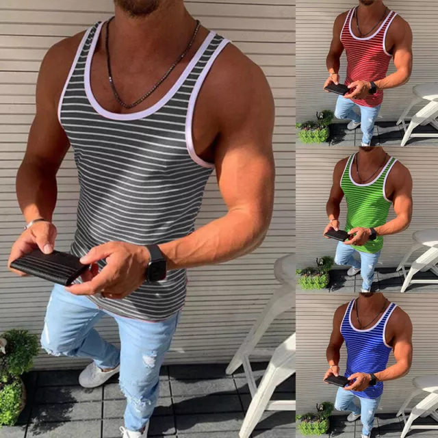 Plus Size Mens Summer Striped Tank Top Gym Running Muscle Sleeveless Vest Shirt