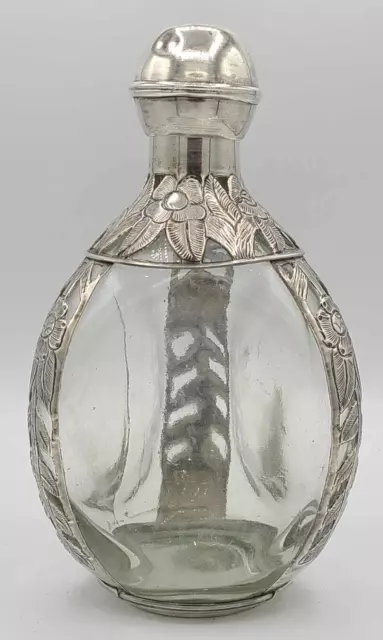 Antique Art Nouveau Hand Blown Glass Marked 925 Sterling Silver Overlay Decanter