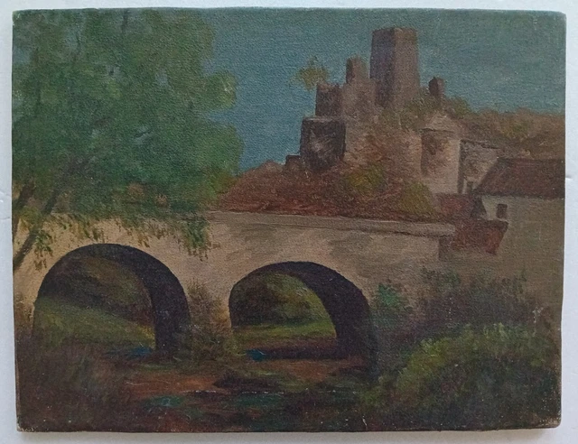 ANTICO DIPINTO 800 Paesaggio con ponte e borgo Olio su cartone 24
