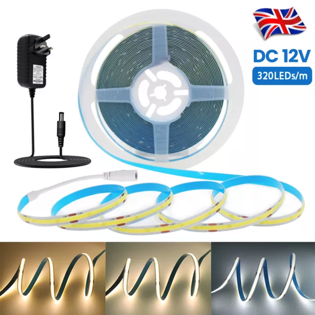 High Density COB LED Strip Lights 12V Flexible Tape Rope Cabinet Self Adhesive