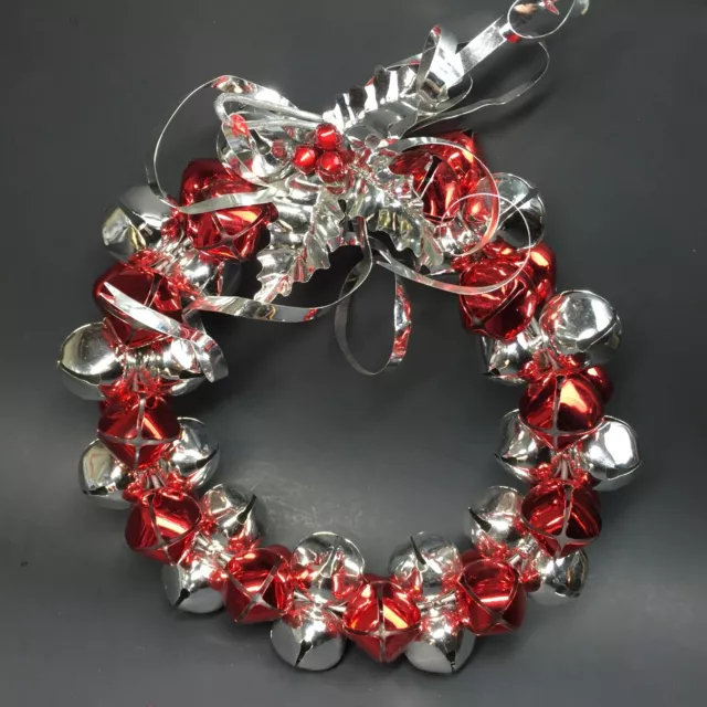 Christmas Sleigh Bell Jingle Bells Wreath Large Heavy Duty Red Silver Metal 10"
