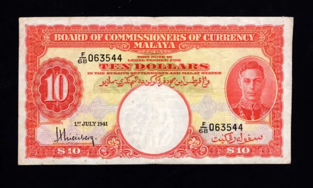 Malaya 10 dollars 1941 * VF+ * RARE * P-13 *