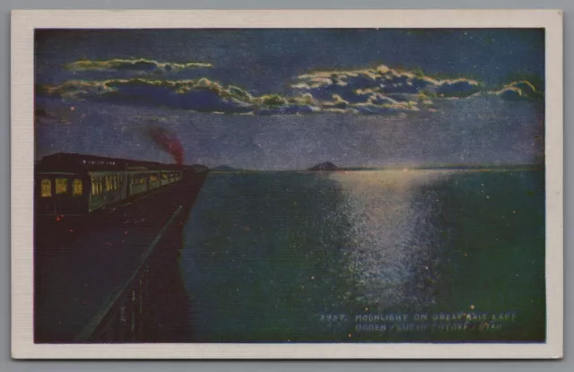 Postcard UT Moonlight on Great Salt Lake Ogden Lucin Cut Off Vintage Railroad B4