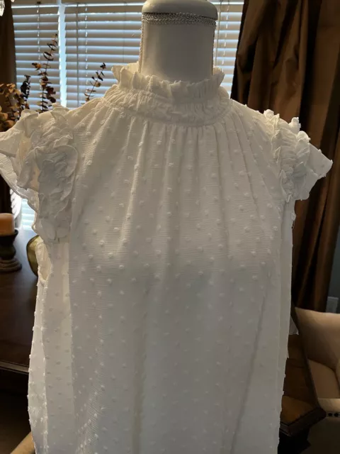 $69 NWT Cece Ruffle Dot Top Short Sleeve Blouse Shirt Women’s XL White