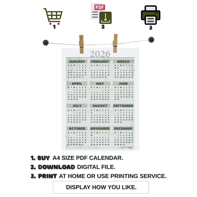2026 PRINTABLE A4 size Portrait PDF Year Calendar £3.30 - PicClick UK