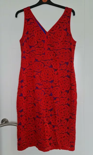 M&S Collection Sleeveless Red Over Blue Lace Rose Floral Pencil Dress Size 14 S