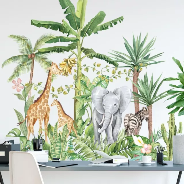 Large Jungle Animal Decal Giraffe Elephant Wall Stickers Kids Nursery Room Decor