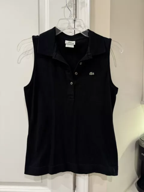 Womens Lacoste Sleeveless Polo Size 38 Black Shirt Top Medium