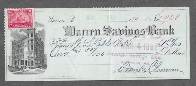 1899 Warren Pennsylvania Bank Check "Bank"