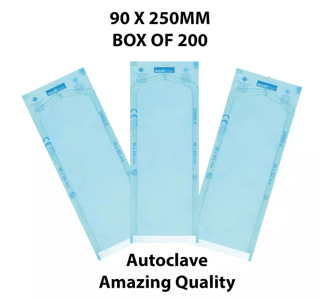 Sterilisation Pouches Self Seal Autoclave 90X250Mm Box 200 Dental/Tattoo/Clinic