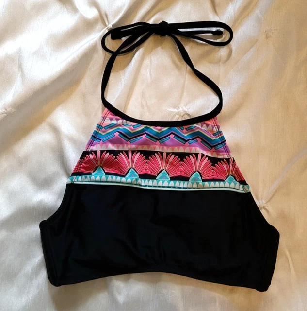 VTG 70s Colorful Halter Bikini Top Swimwear Hobie Cali Surf Graphic S / M