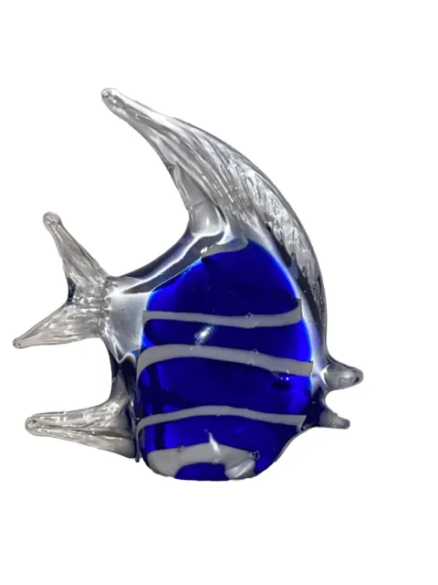 Murano Style Art Glass Cobalt Blue & White Angel Fish Figurine Paperweight