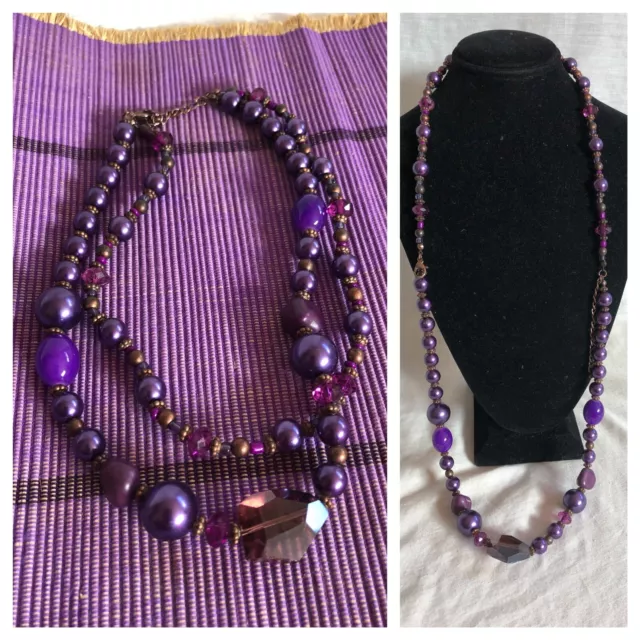 Cleopatra 2 Strand Choker Necklace Purple Gem Glass Amethyst Metal Stone Beads