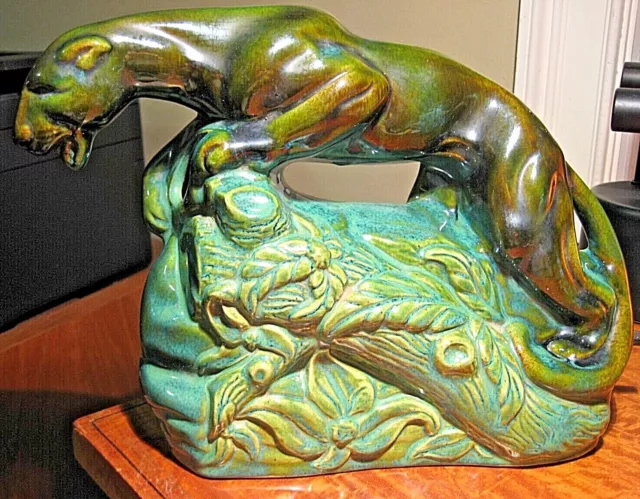 Vintage Mid-Century Dark Green Leopard Jungle Scene TV Lamp Light Retro MUST SEE
