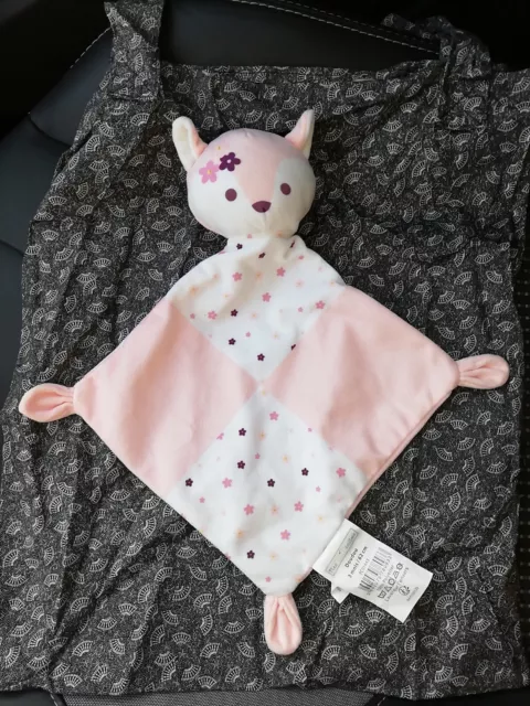 Doudou Mes Petits Cailloux Plat Renard Rose Blanc Fleurs 3 Noeuds