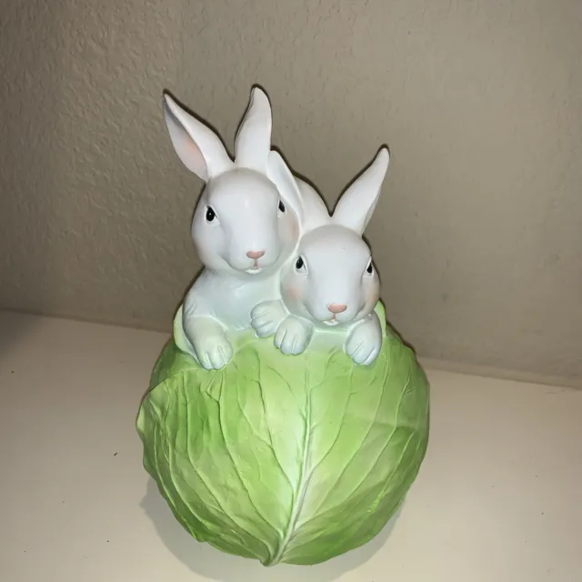 Easter Bunny Rabbit Sitting Inside Cabbage Resin Figurine Tabletop Decor 8.5"