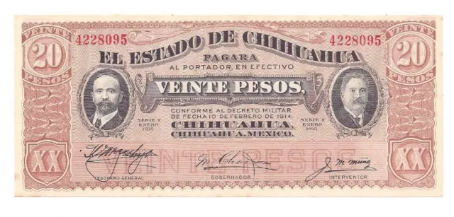 Mexican Revolution Estado de Chihuahua 20 Pesos Banknote Peso Mexico Currency