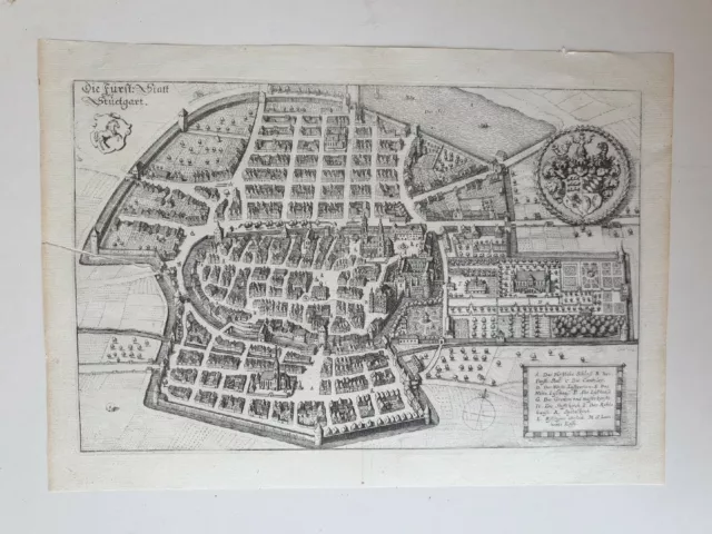 Original Merian Kupferstich Stuttgart Vogelschau Ca. 1650 engraving