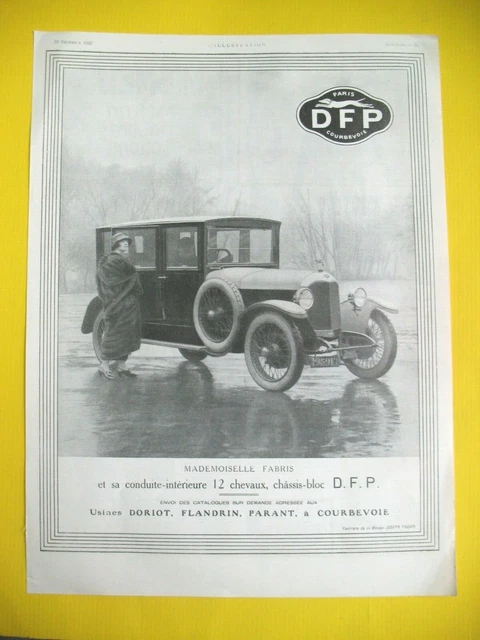 PUBLICITE DE PRESSE DFP AUTOMOBILE CONDUITE INTERIEURE DE Mlle FABRIS AD 1922