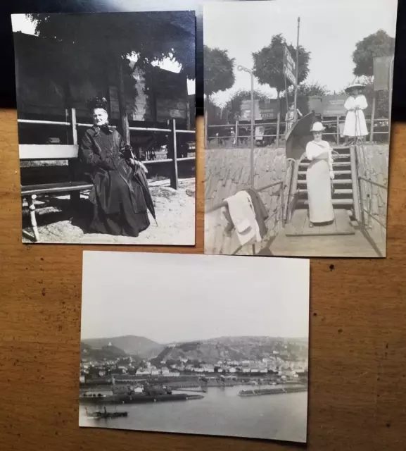 Oberlahnstein August 1913 - Fähre nach Capellen & Blick Stolzenfels / 3x Foto