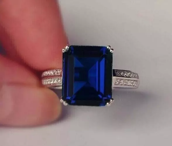 3Ct Emerald Cut Lab Created Sapphire Solitaire Ring 14K White Gold Plated Silver