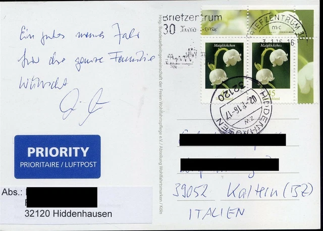 431221) DS Blumen MeF 45 C Maiglöckchen (Bogen), Karte n. Italien 2.1.16