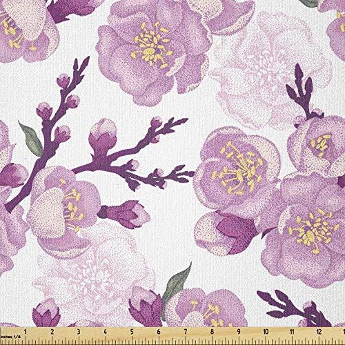 Lunarable Japanese Fabric by The Yard Cherry Blossom Pattern Vintage Arrangem...