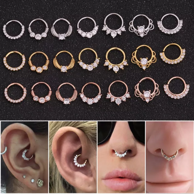 Daith Septum Piercing Nose Ear Ring Hoop Surgical Steel Silver Crystal  Jewelry